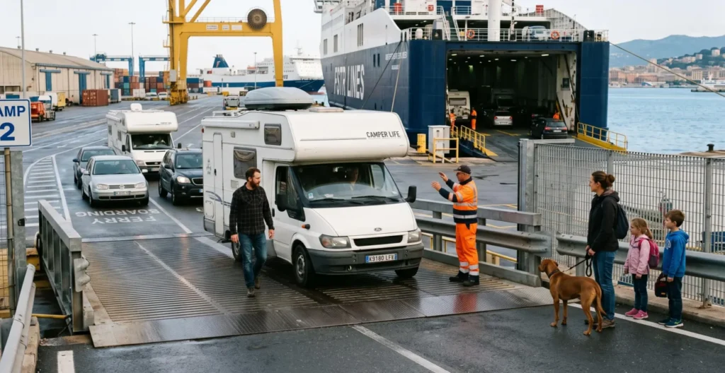 Eine Familie mit Hund und Wohnmobil bei der Einfahrt auf eine Fähre im Mittelmeer, ein Crew-Mitglied gibt Anweisungen. Eine Familie mit Hund und Wohnmobil bei der Einfahrt auf eine Fähre im Mittelmeer, ein Crew-Mitglied gibt Anweisungen.